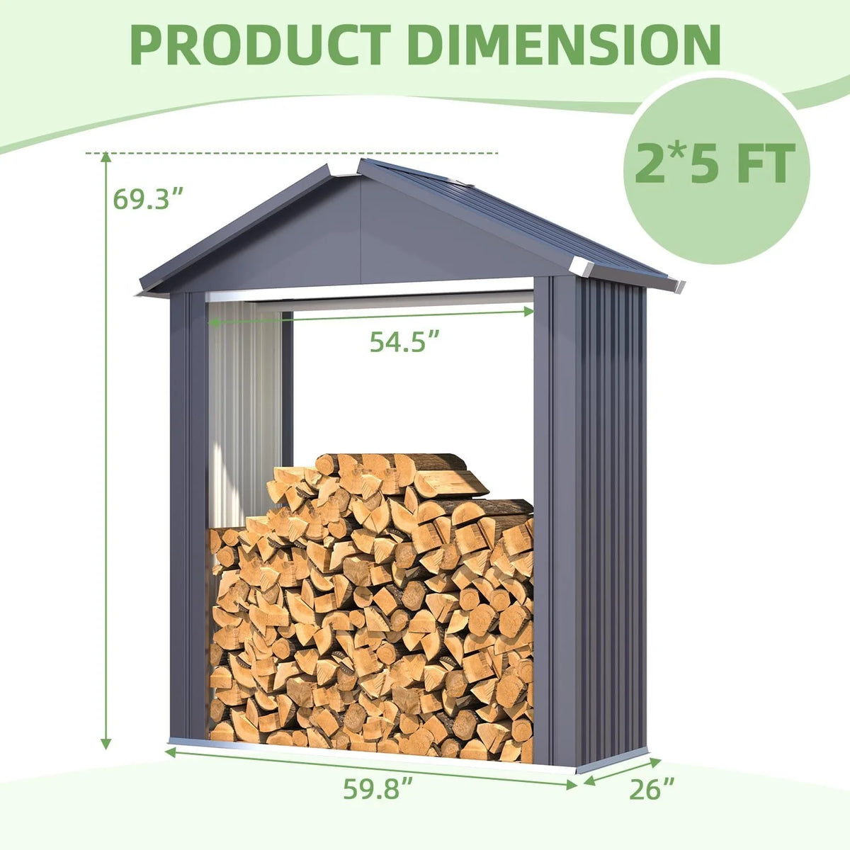 AECOJOY 5x2 Outdoor Storage Shed, Firewood Rack Waterproof Metal Tool Sheds - Product image 3